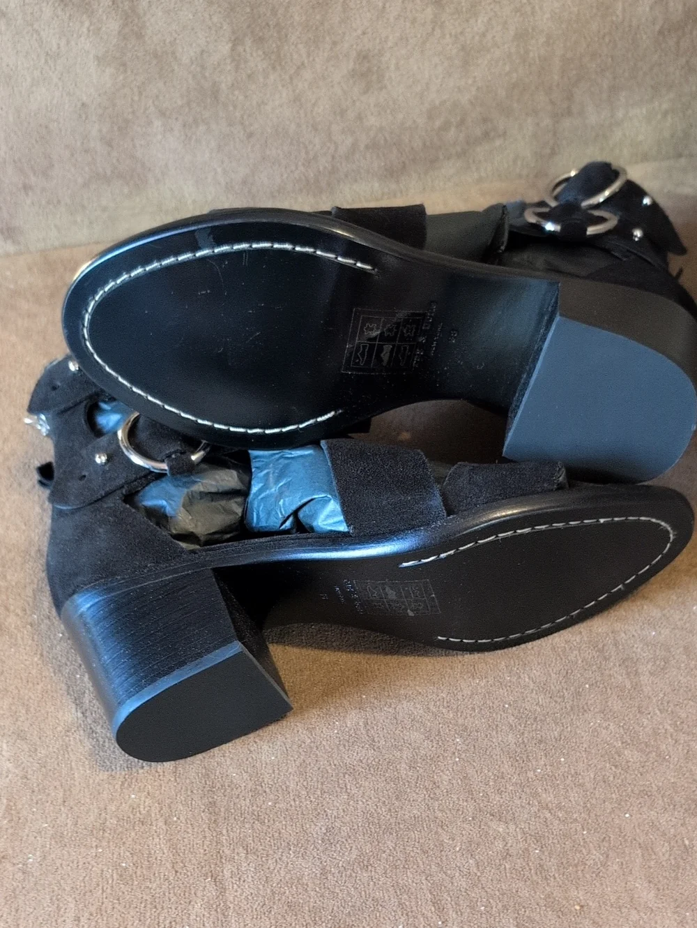 rag & bone Black Suede Open-Toe Mari Shoe Double Buckle Straps, And Back Zipper